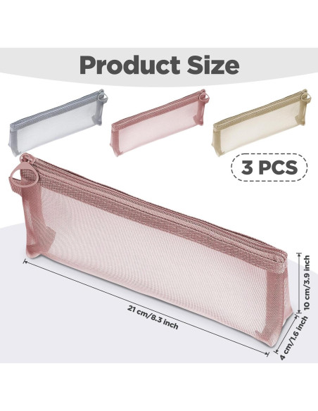 3 Bolsas de Maquillaje de Malla Nylon Yuanchu - Gris, Rosa, Caqui