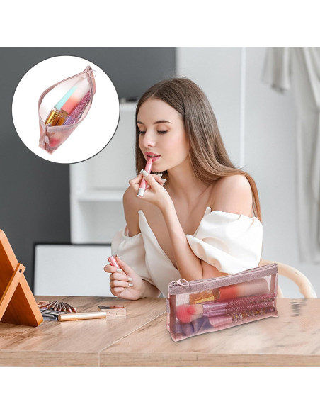 3 Bolsas de Maquillaje de Malla Nylon Yuanchu - Gris, Rosa, Caqui