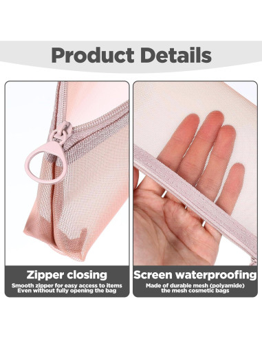 3 Bolsas de Maquillaje de Malla Nylon Yuanchu - Gris, Rosa, Caqui