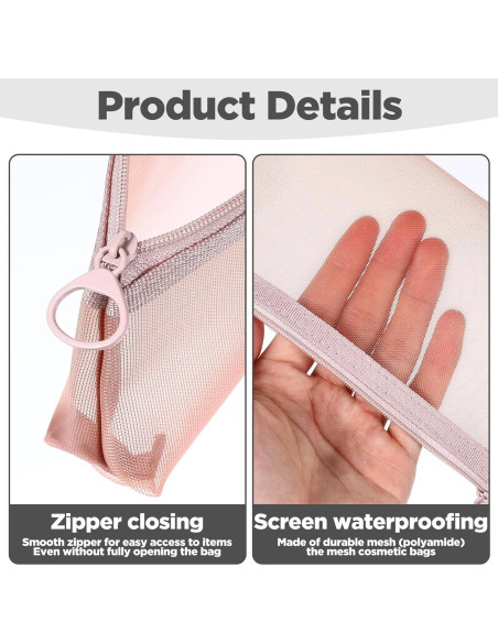 3 Bolsas de Maquillaje de Malla Nylon Yuanchu - Gris, Rosa, Caqui