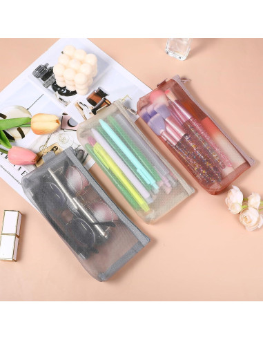 3 Bolsas de Maquillaje de Malla Nylon Yuanchu - Gris, Rosa, Caqui