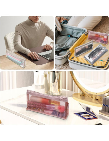 3 Bolsas de Maquillaje de Malla Nylon Yuanchu - Gris, Rosa, Caqui