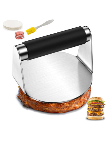 Prensa de Hamburguesa Acero Inoxidable 13.97 cm con Mango Silicona