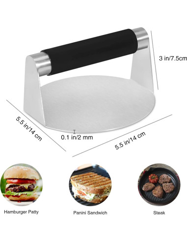 Prensa de Hamburguesa Acero Inoxidable 13.97 cm con Mango Silicona