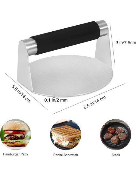 Prensa de Hamburguesa Acero Inoxidable 13.97 cm con Mango Silicona
