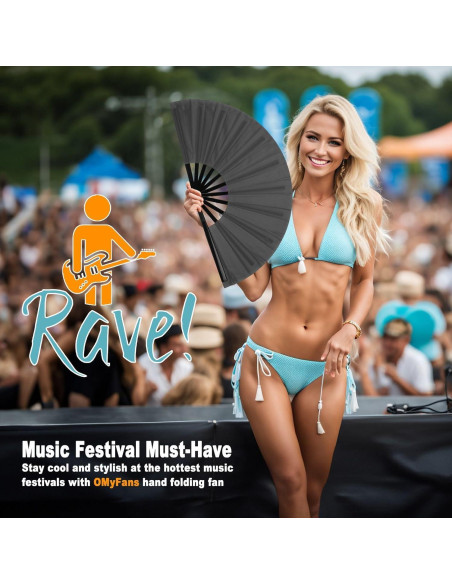Abanico Plegable OMyFans Negro 64.8 cm para Rave y Baile