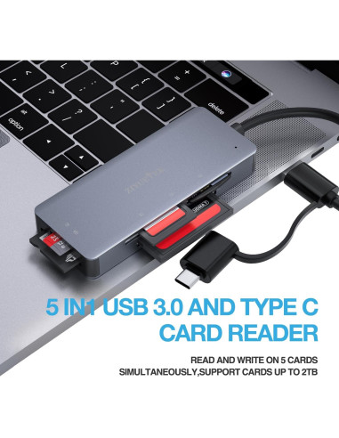 Lector de Tarjetas 5en1 ZIYUETEK USB-C y USB-A Gris