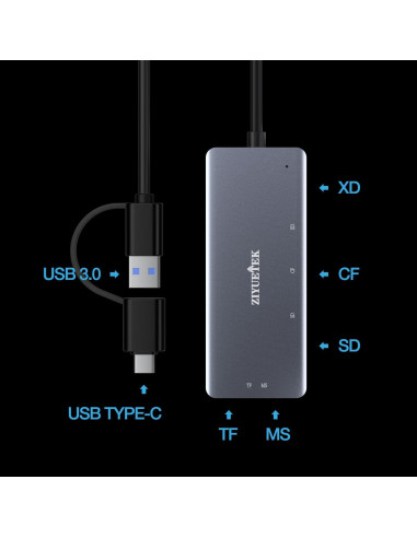 Lector de Tarjetas 5en1 ZIYUETEK USB-C y USB-A Gris