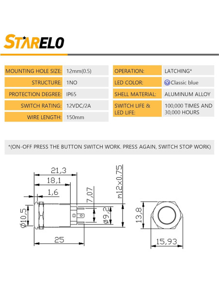 Interruptor de Botón LED STARELO 12mm IP65 5PCS Azul