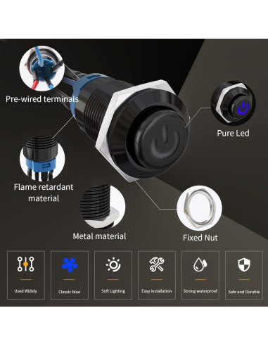 Interruptor de Botón LED STARELO 12mm IP65 5PCS Azul