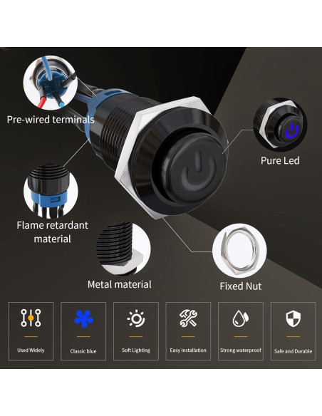 Interruptor de Botón LED STARELO 12mm IP65 5PCS Azul