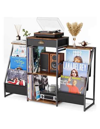 Soporte para Tocadiscos JunVpic Marrón con Almacenamiento para 200 Vinilos