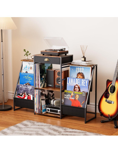 Soporte para Tocadiscos JunVpic Marrón con Almacenamiento para 200 Vinilos