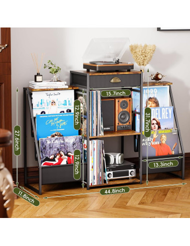 Soporte para Tocadiscos JunVpic Marrón con Almacenamiento para 200 Vinilos