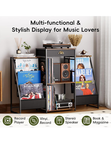 Soporte para Tocadiscos JunVpic Marrón con Almacenamiento para 200 Vinilos