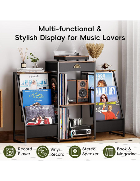 Soporte para Tocadiscos JunVpic Marrón con Almacenamiento para 200 Vinilos