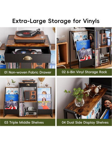 Soporte para Tocadiscos JunVpic Marrón con Almacenamiento para 200 Vinilos