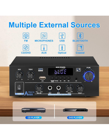 Amplificador Estéreo Romicta AK55 500W Bluetooth 5.0 2 Canales