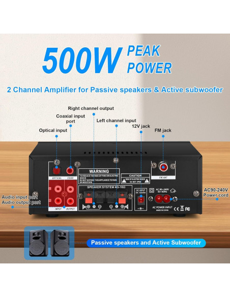Amplificador Estéreo Romicta AK55 500W Bluetooth 5.0 2 Canales