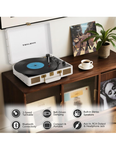 Reproductor de Vinilo Portátil TANLANIN TE-2026 Bluetooth 3 Velocidades