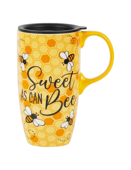 Taza de Viaje Cerámica Topadorn 500ml con Tapa y Asa Abeja