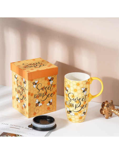 Taza de Viaje Cerámica Topadorn 500ml con Tapa y Asa Abeja