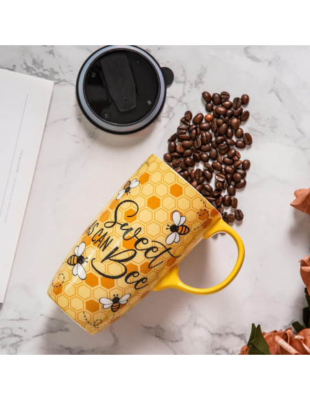 Taza de Viaje Cerámica Topadorn 500ml con Tapa y Asa Abeja