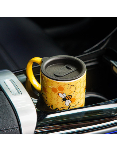 Taza de Viaje Cerámica Topadorn 500ml con Tapa y Asa Abeja
