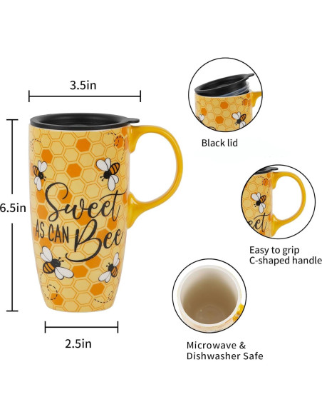 Taza de Viaje Cerámica Topadorn 500ml con Tapa y Asa Abeja