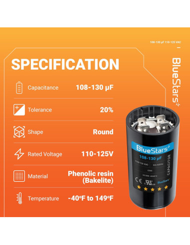 Capacitor de Arranque Redondo BlueStars 108-130 uF 110-125 VAC