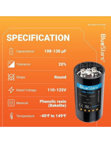 Capacitor de Arranque Redondo BlueStars 108-130 uF 110-125 VAC