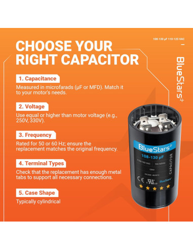 Capacitor de Arranque Redondo BlueStars 108-130 uF 110-125 VAC