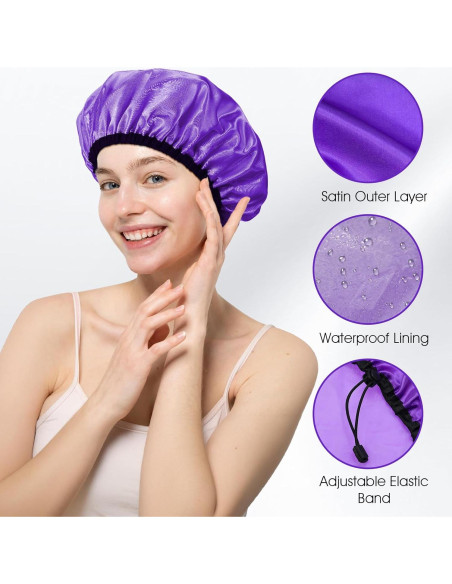Gorra de Ducha Impermeable Doble Capa Ajustable Púrpura