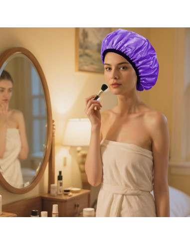 Gorra de Ducha Impermeable Doble Capa Ajustable Púrpura