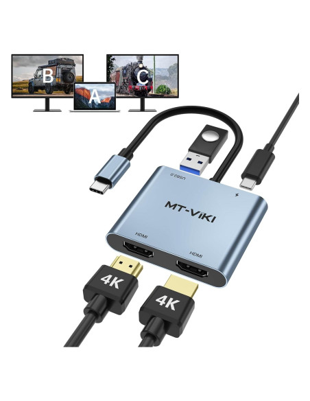Adaptador USB C a Doble HDMI MT-VIKI 4K 60Hz 100W Carga