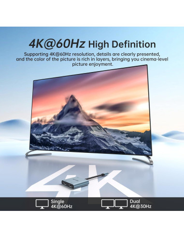 Adaptador USB C a Doble HDMI MT-VIKI 4K 60Hz 100W Carga