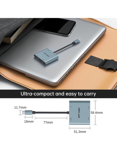 Adaptador USB C a Doble HDMI MT-VIKI 4K 60Hz 100W Carga