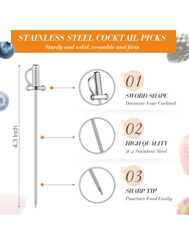 10 Palillos de Cóctel de Acero Inoxidable Perthlin 10.9 cm