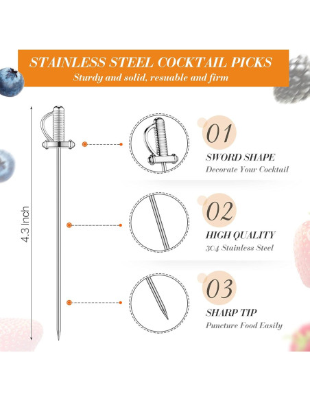 10 Palillos de Cóctel de Acero Inoxidable Perthlin 10.9 cm