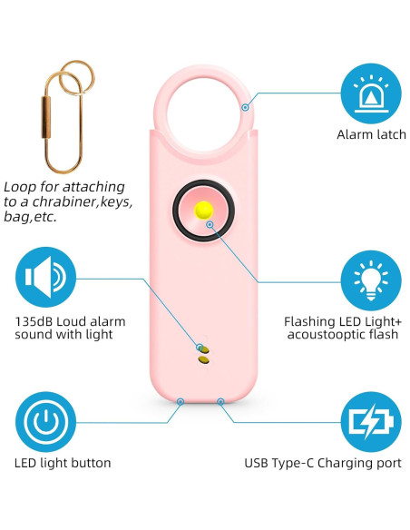 Alarma Personal de Seguridad Fuers 135dB con Luz LED Rosa