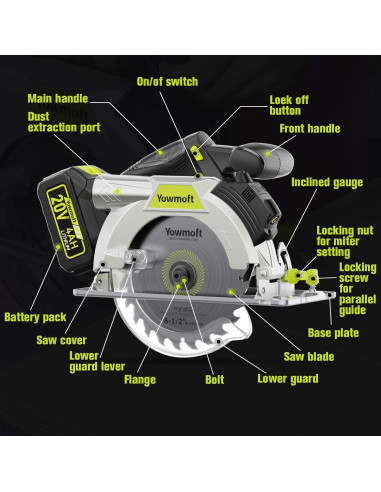 Sierra Circular Inalámbrica YOWMOFT 20V 6.5" Sin Escobillas