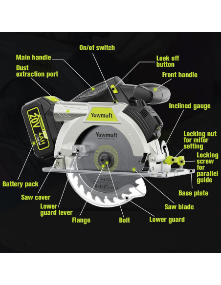 Sierra Circular Inalámbrica YOWMOFT 20V 6.5" Sin Escobillas