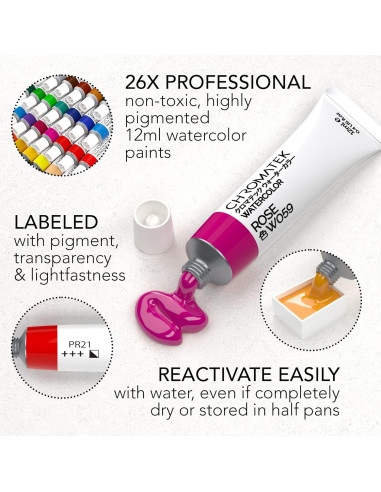 Juego de Pintura Acuarela CHROMATEK - Kit 62 Piezas para Artistas