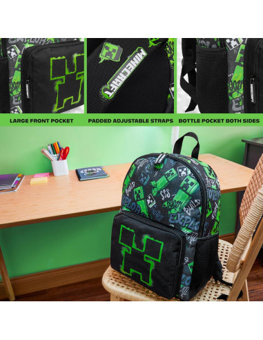Mochila Minecraft Creeper para Niños 40x29x17cm Negra