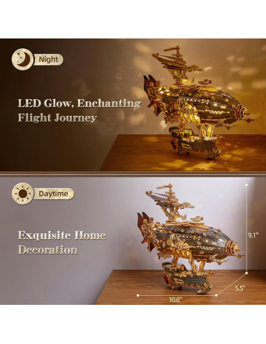 Rompecabezas 3D de Madera Aeronave Steampunk FUNPOLA LED