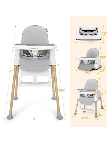 Silla Alta Convertible 3 en 1 para Bebés - Gris