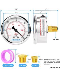Manómetro de Vacío MEANLIN 1/8" NPT 2.5" Acero Inoxidable 2