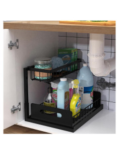 Organizador Bajo Fregadero Bukfen 2 Niveles Deslizante Negro
