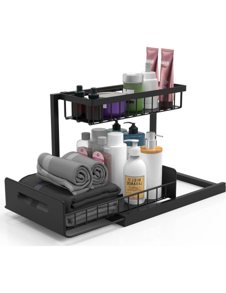 Organizador Bajo Fregadero Bukfen 2 Niveles Deslizante Negro