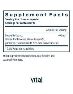 Cápsulas de Extracto de Boswellia Vital Nutrients 400mg - 90 Unidades 2